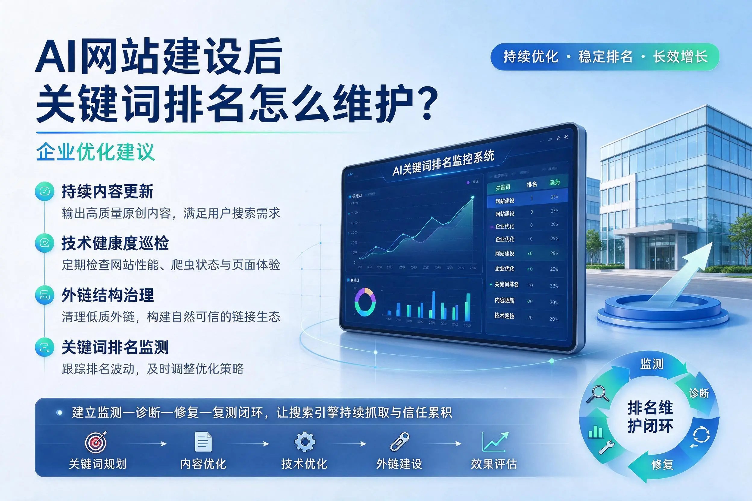 AI网站建设后关键词排名怎么维护?文昌企业优化建议