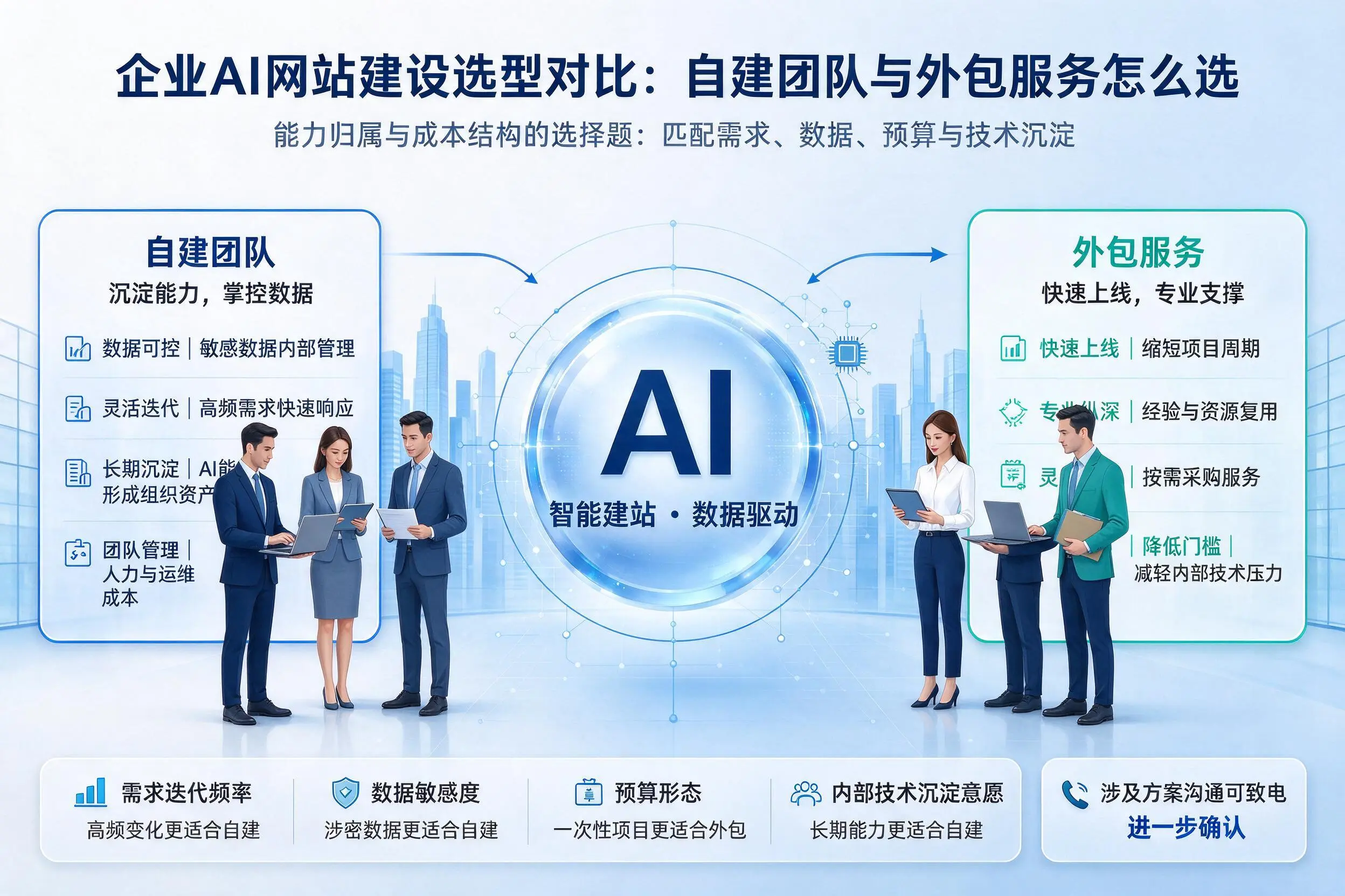 文昌企业AI网站建设选型对比:自建团队与外包服务怎么选